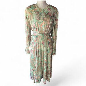 VTG Lady Mendel Mint Green Paisley Floral Long Sleeve Belted Midi Dress Plus 2X